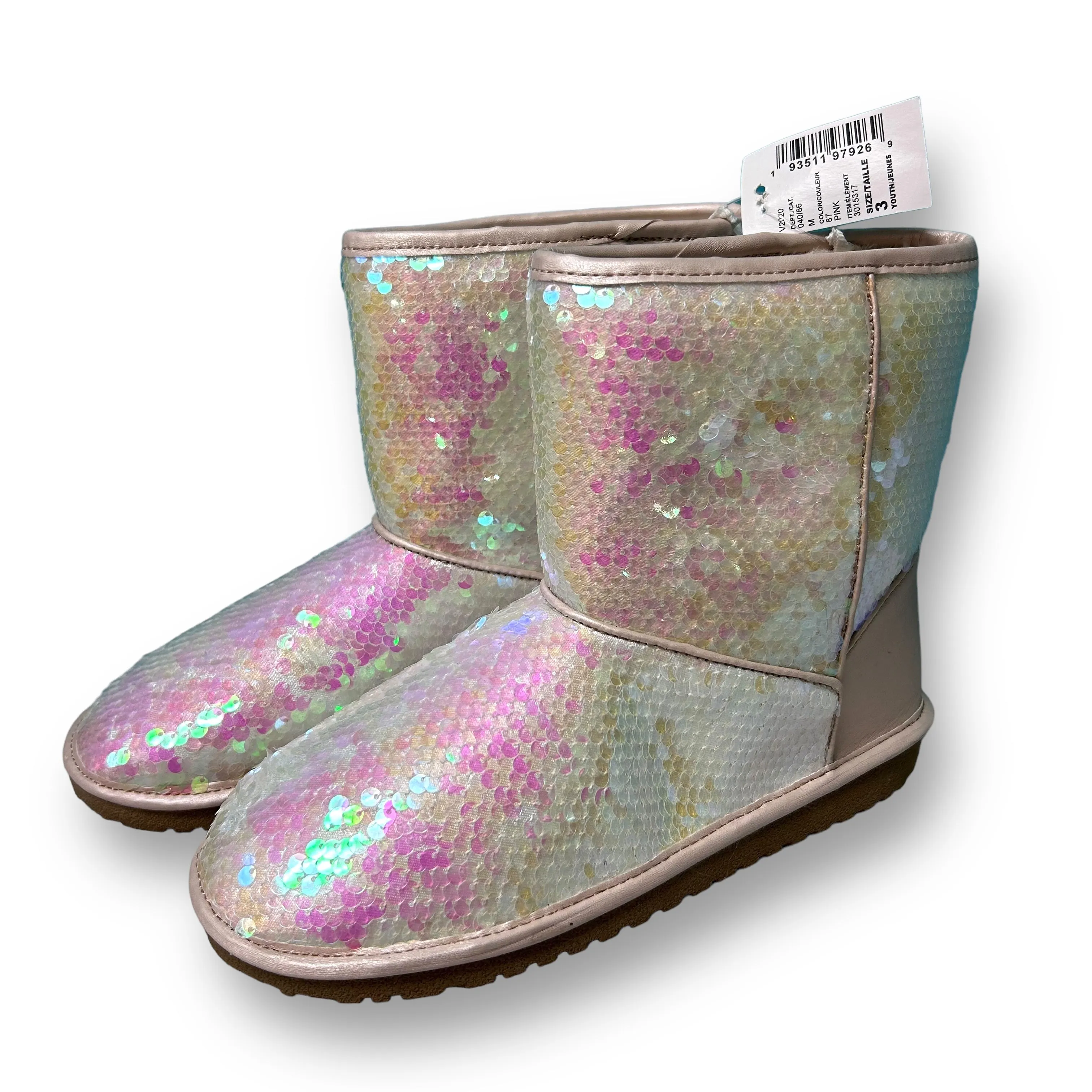 NEW! Children's Place Youth Girl Size 3 White Shimmer Sequin Faux Fur Boots