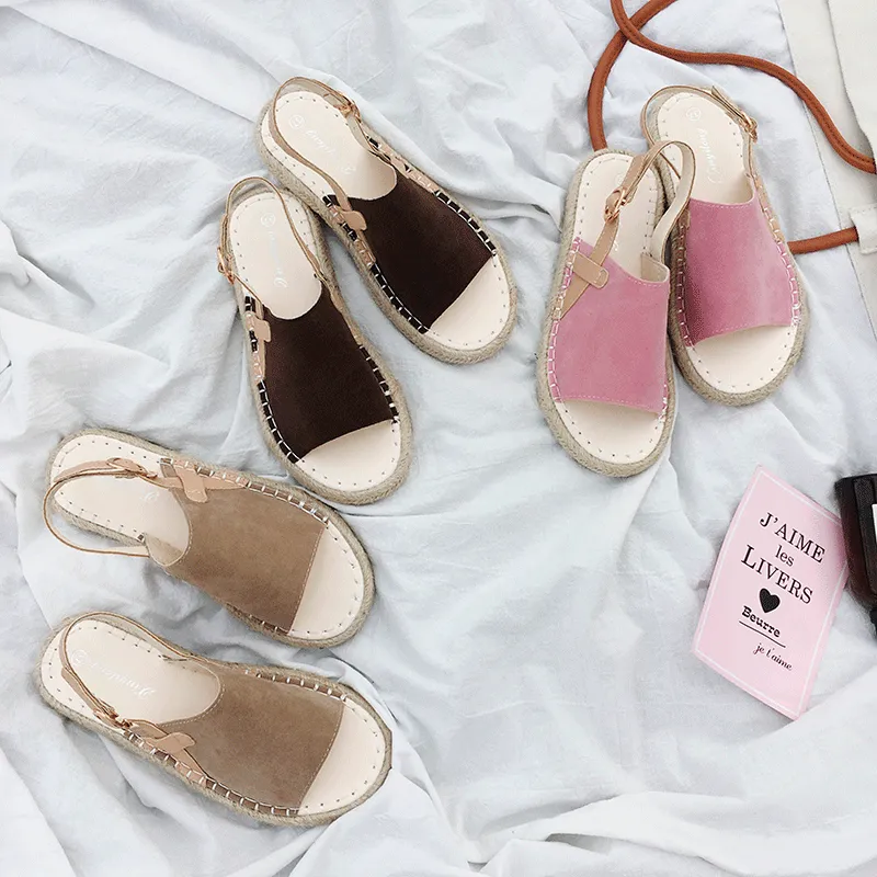 Open Toe Suede Summer Wicker Flat Espadrilles