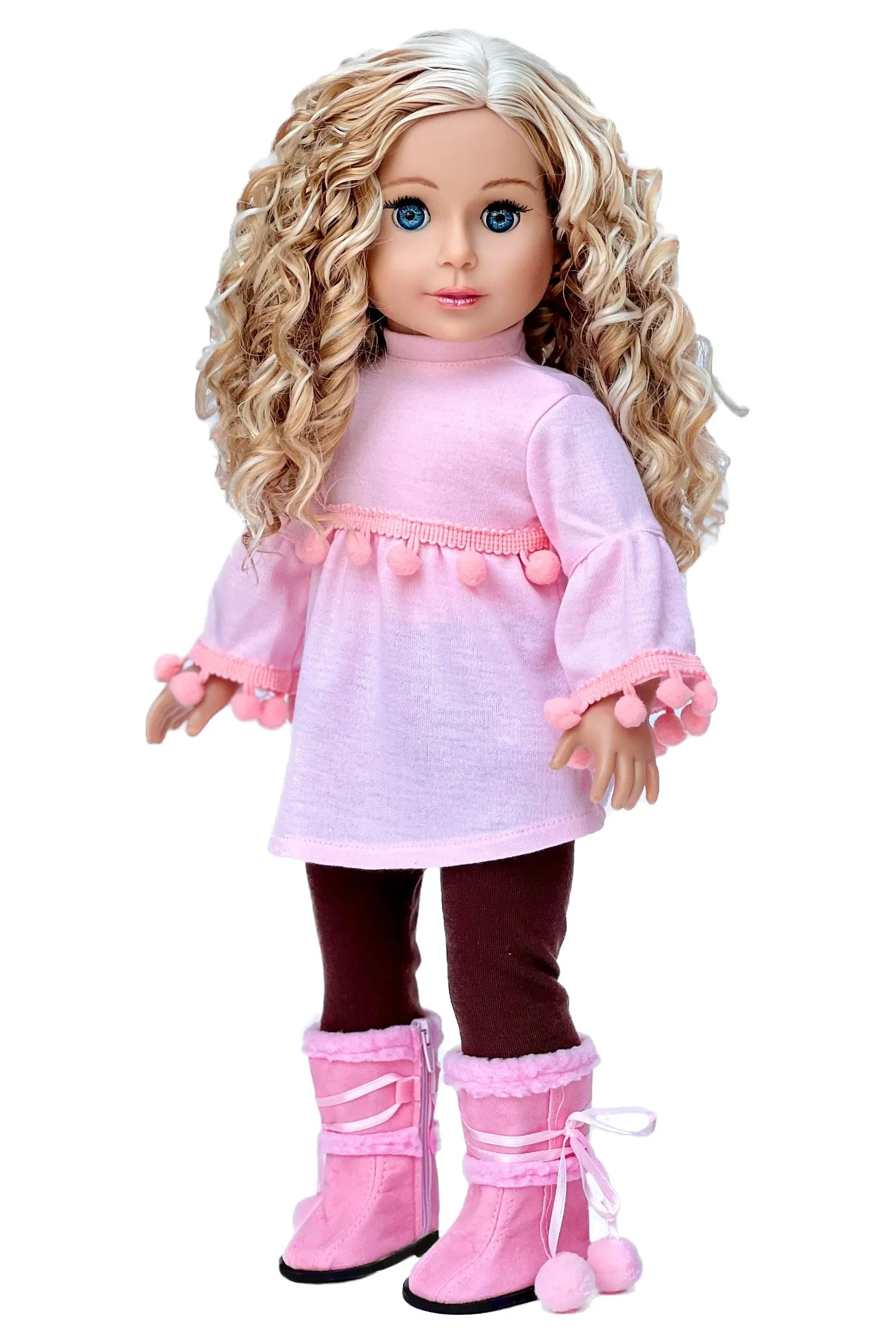 Sweet Pea - 3 Piece Doll Outfit for 18 inch American Girl Doll - Pink Top, Brown Leggings, Pink Winter Boots.