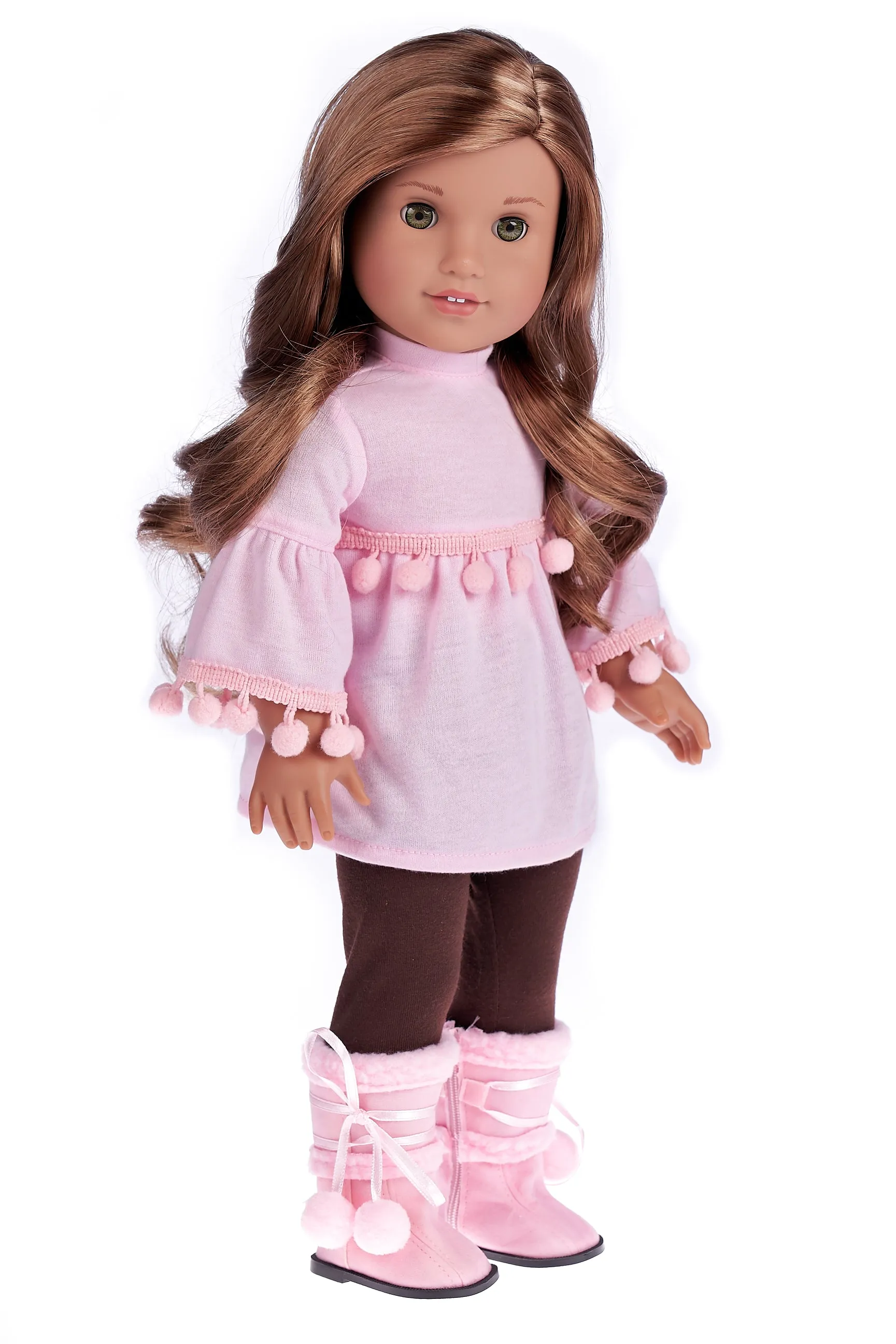 Sweet Pea - 3 Piece Doll Outfit for 18 inch American Girl Doll - Pink Top, Brown Leggings, Pink Winter Boots.